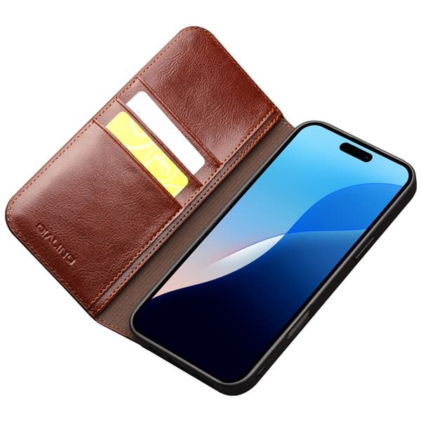 Qialino Plånboksfodral Läder iPhone 16 Pro Max Brun
