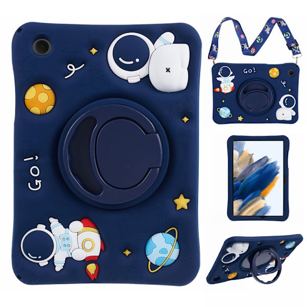 Samsung Galaxy Tab A8 -kotelo, astronautti, sininen, jalustalla