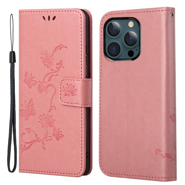 Perhoskuvioitu nahkakotelo iPhone 13 Pro Max - Vaaleanpunainen