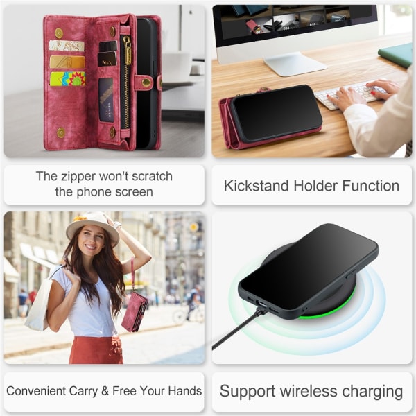 CaseMe Multi-Slot 2 i 1 Plånboksfodral iPhone 15 Pro Punainen