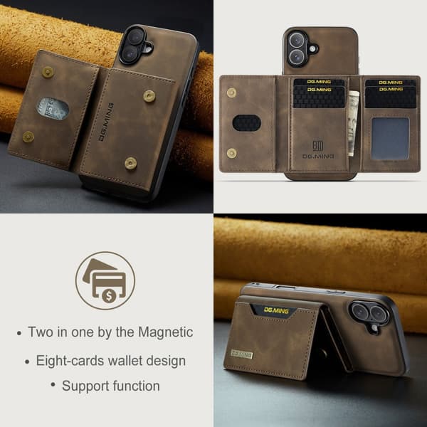 DG.MING 2-i-1 Magnetiskt Skal Med Kortfack iPhone 16 Brun