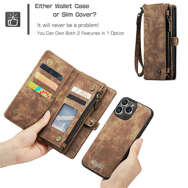 CaseMe Multi-Slot 2 i 1 Plånboksfodral iPhone 15 Pro Ruskea