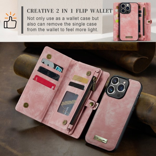 CaseMe Multi-Slot 2 i 1 Plånboksfodral iPhone 15 Pro Rosa