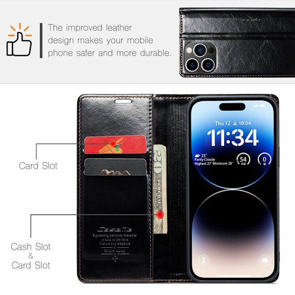 CaseMe Læderetui iPhone 15 Pro Sort