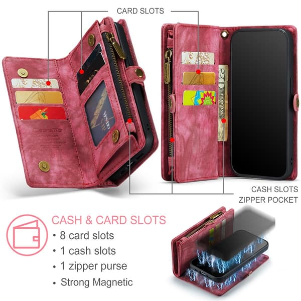 CaseMe Multi-Slot 2 i 1 Plånboksfodral iPhone 15 Pro Punainen