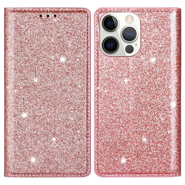 Kimalteleva lompakkokotelo iPhone 14 Prolle, ruusukulta