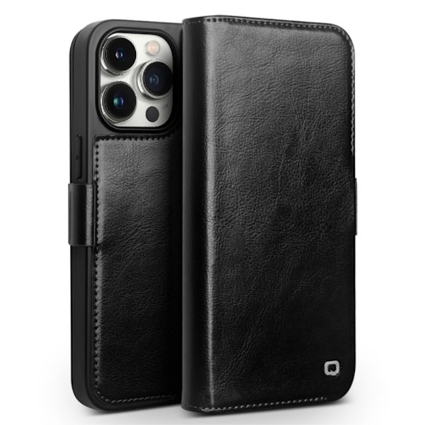 Qialino nahkainen lompakkokotelo iPhone 15 Prolle, musta