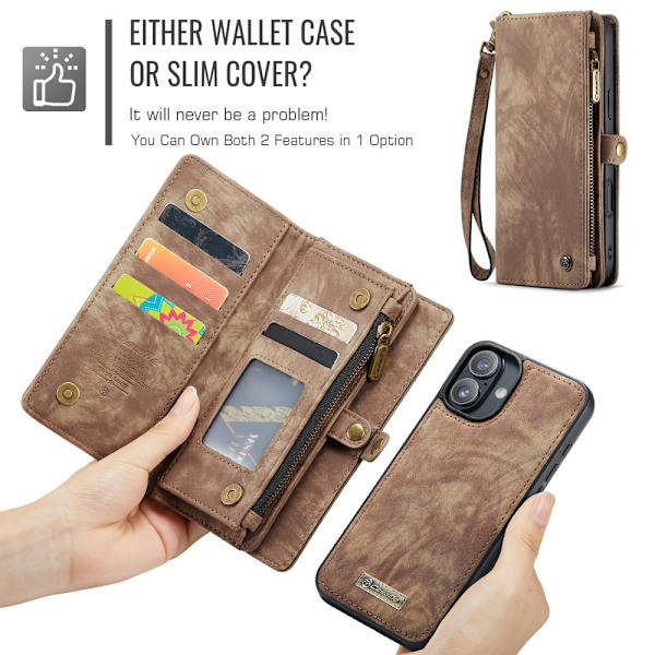CaseMe Multi-Slot 2 i 1 Plånboksfodral iPhone 16 Brun