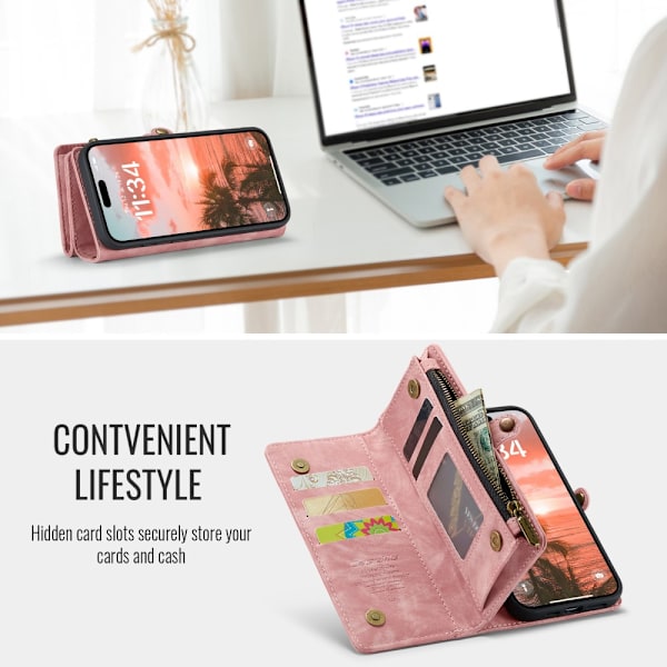 CaseMe Multi-Slot 2 i 1 Plånboksfodral iPhone 16 Rosa