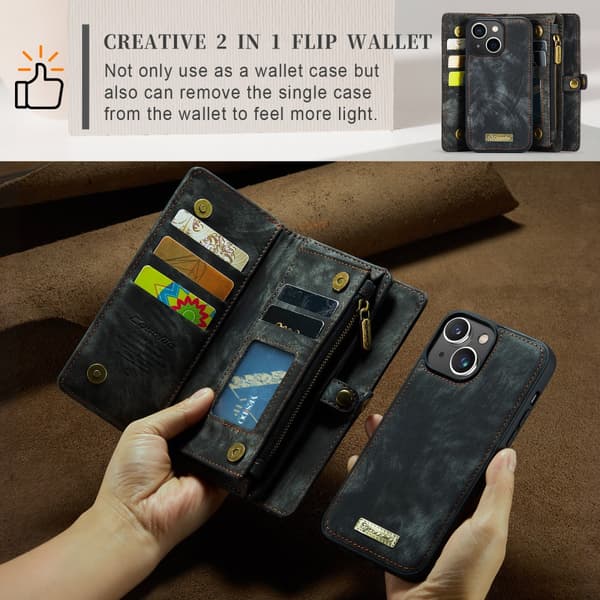 CaseMe Multi-Slot 2 i 1 Plånboksfodral iPhone 15 Musta