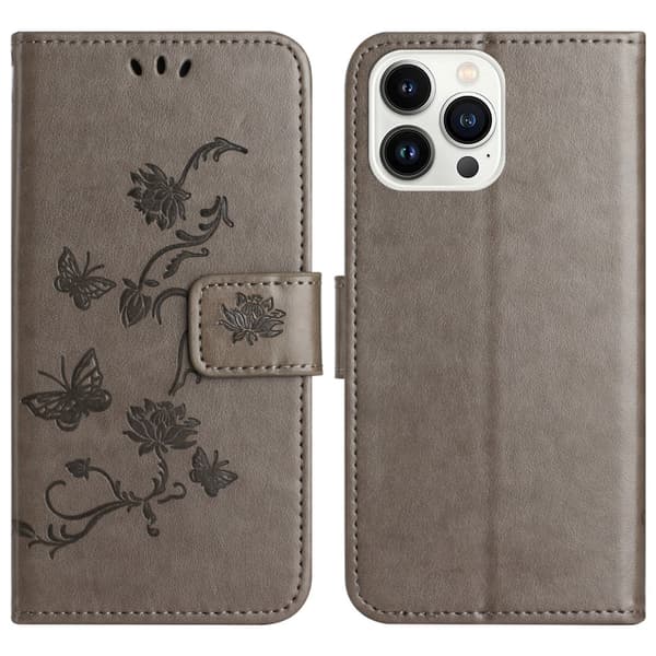 Läderfodral Fjärilar iPhone 16 Pro Max Grå