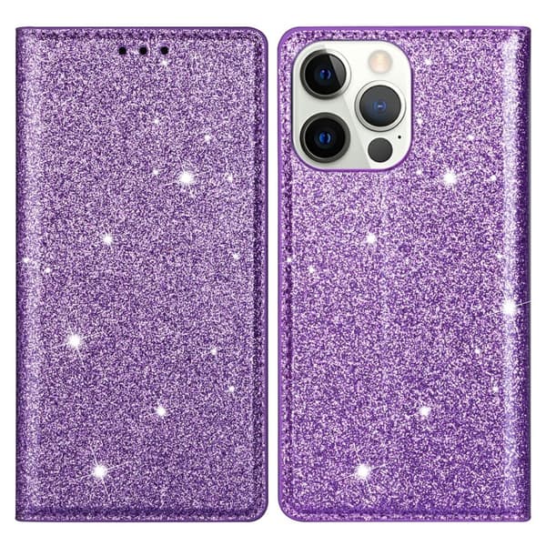 Kimalteleva lompakkokotelo iPhone 13 Prolle, lila