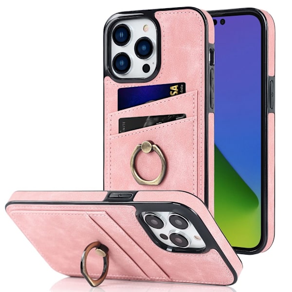 iPhone 14 Pro -korttikotelo, rengas, vaaleanpunainen