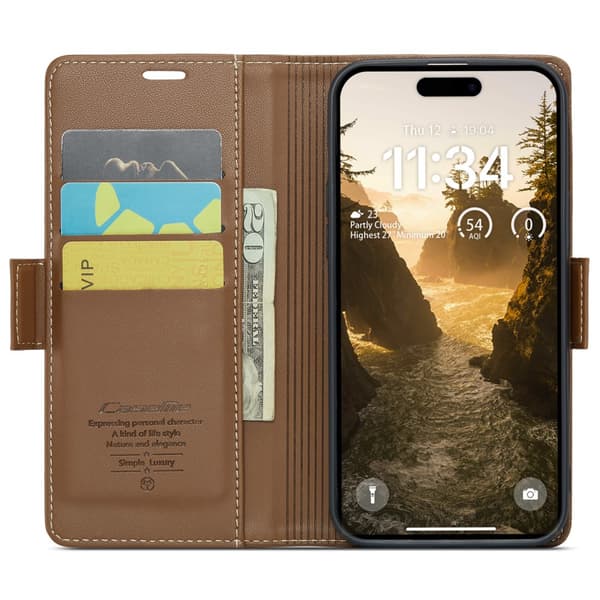 CaseMe Slim Pungetui RFID-beskyttelse iPhone 16 Plus Brun