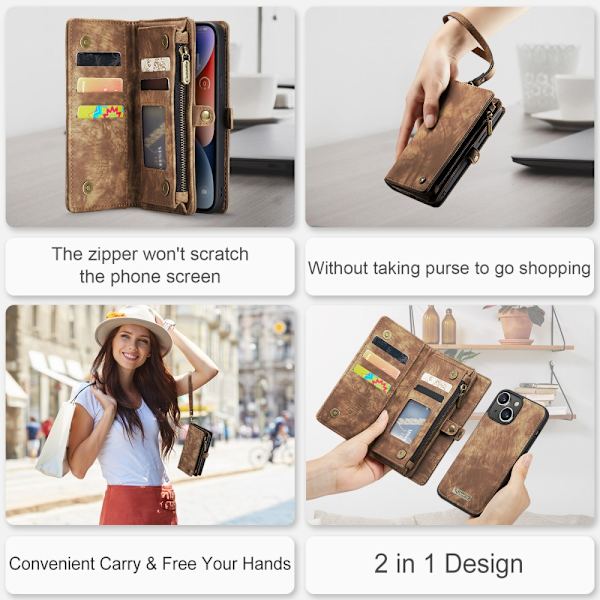 CaseMe Multi-Slot 2 i 1 Plånboksfodral iPhone 15 Plus Brun