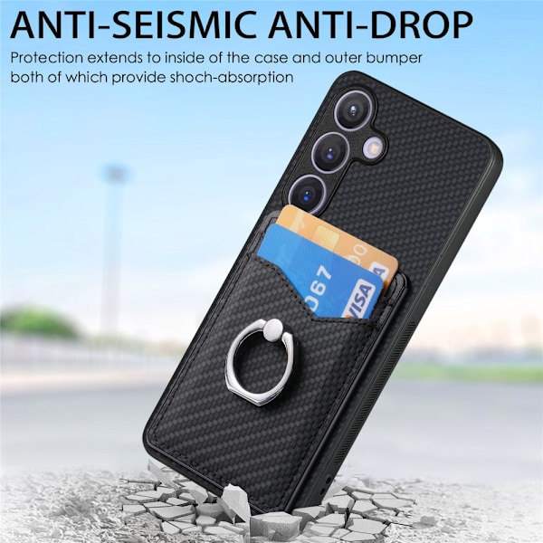 Samsung Galaxy S25 Plus -kotelo Korttitasku + Rengas Hiilikuitu Tekstuuri