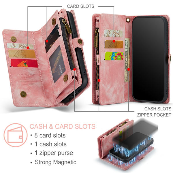 CaseMe Multi-Slot 2 i 1 Plånboksfodral iPhone 15 Pro Rosa