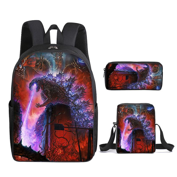 3 stk/sett Godzilla Vs Kong Ryggsekk Trykt Skoleveske Med Pennal Messenger Bag DB Style 3