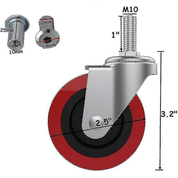 6 kpl Ryömintäalustan pyörät 2,5 tuuman kestävät kääntyvät pyörät Ryömintäalustan huoltokärryn jakkara pylväskiinnitys, M10 (noin 3/8) X 1 metriset kierteet St [DB]