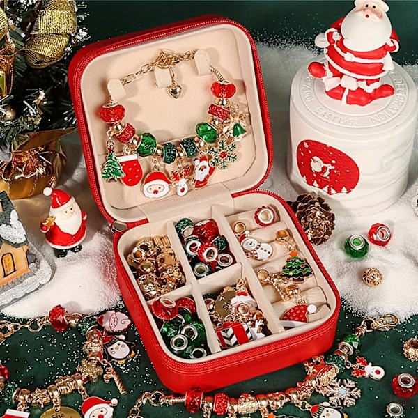 Julcharm Armband Gör-Det-Själv-Kit, Elegant Rödgrön Serie DIY Pärlor för Konst och Hantverk Smyckestillverkningskit, Julgåvosats Christmas Set