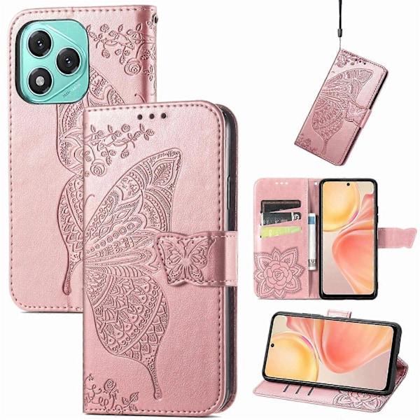 Fjäril Kärlek Blomma Präglat Läder Telefonfodral För Honor 400 Lite [DB] Rose Gold