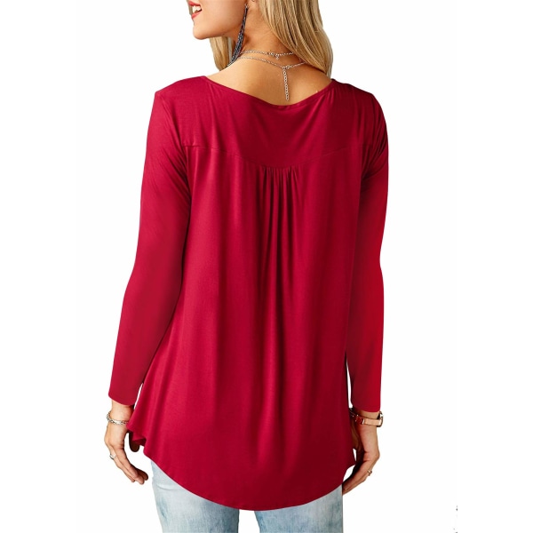 Kvinders afslappede lange/korte ærmede toppe Løse plisserede tunikaskjorter (rød, XL)