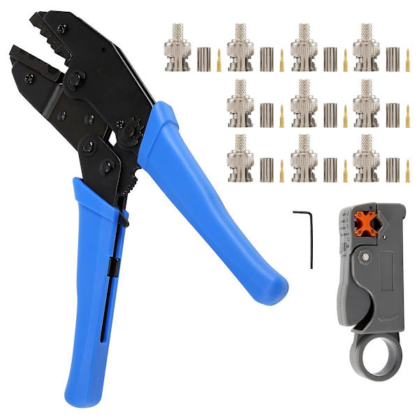1 sarja koaksiaali-RF/bnc-puristustyökaluja Rg58 / Rg59 / Rg6:lle, jossa on 10 kpl Bnc-urosliitinpuristinsarja[DB] Blue  black