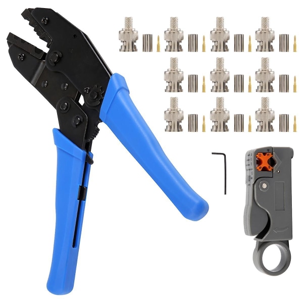 1 set koaxiala RF/BNC-krimpverktyg för Rg58 / Rg59 / Rg6 med 10 st BNC-kontaktkrimpsats [DB] Blue  black