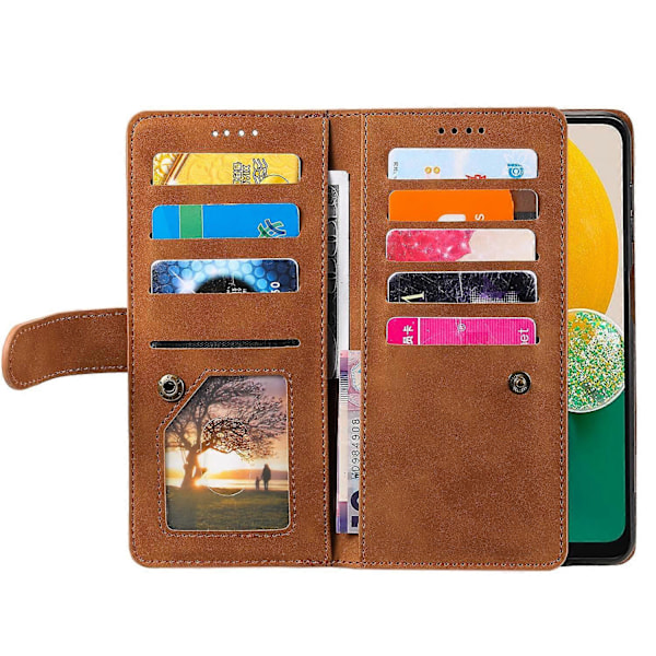 Til Samsung Galaxy A26 5G Etui PU Læder Telefon Cover med Lynlås Pung 9 Kort Slots - Sort [db] Multicolor Brown