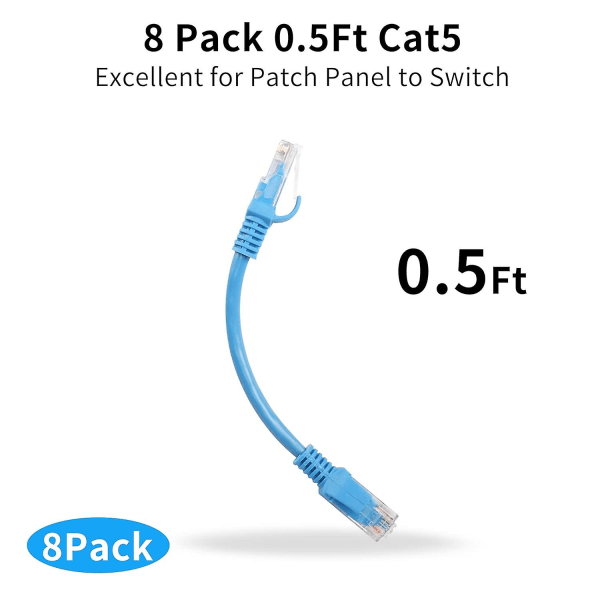 0,5 fot kort Cat5e Ethernet-patchkabel (8-pakning, blandede farger)