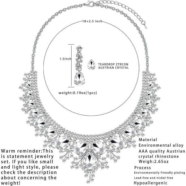 3/4 stykker bryllup brude krystall smykker sett for kvinner jenter, Rhinestone Crystal Statemen