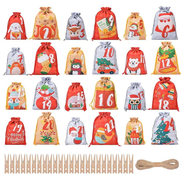 Kompatibel med jul polyester linne dragskoväskor, 24-siffriga nedräkningsväskor, adventskalendrar, godispresentpåsar, juladventsväska [DB]