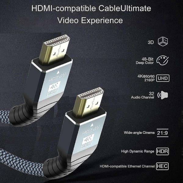 HDMI-kompatibel videoadapterkabel med stöd för 8K@60Hz TV-skärmprojektor, flätad aluminiumlegering 2M
