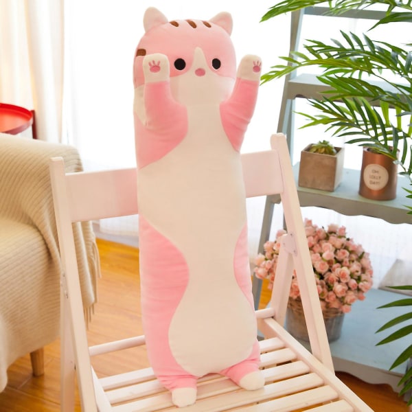 Lång kattkroppskudde Plysch fylld långkudde Kattdjur mjukdjurspresent för sömn Kram [DB] Pink 50cm