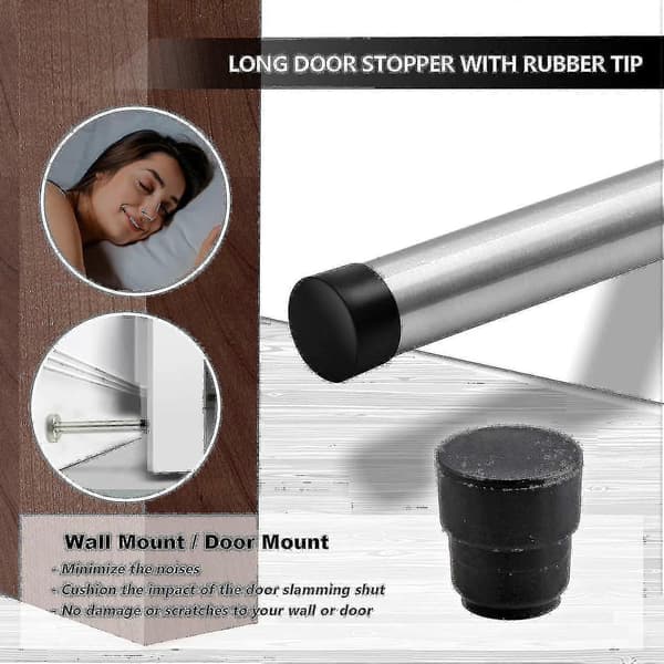Dørstoppere, 15 cm lang dørstopper, veggmontering, kraftig solid svart dørstopper børstet rustfritt stål med myke gummistøtfangertupper [DB] Silver 5 Inch*2