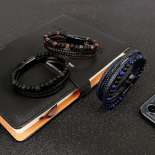 Trendig armband i vulkaniskt rockläder och rostfritt stål, flätat punkigt armband i flera lager för män, födelsedagspresent [DB] 1huang 19cm