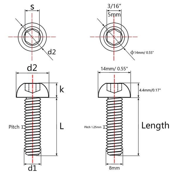 Titanskruer med knapphode - Pakke med 4 (M8x25mm, sølv)