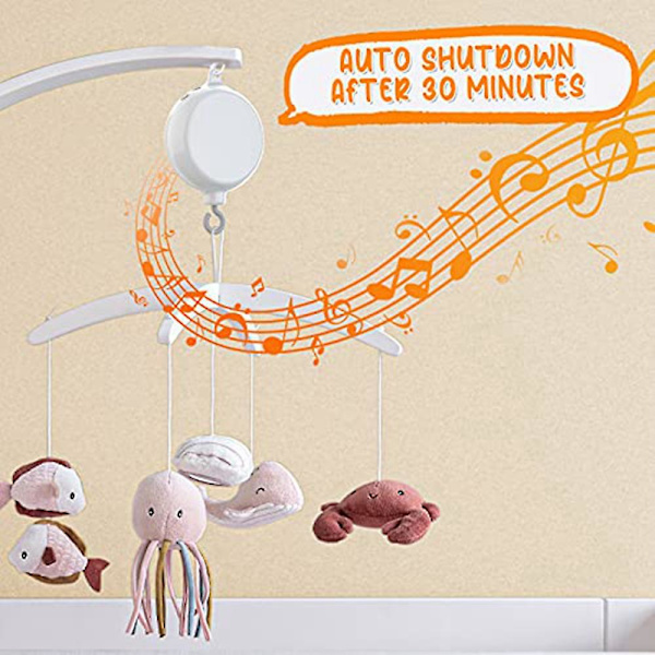 Spjälsängsmobil Motor Baby Music Box Spinner med 3 lägen Volymjusterbar 12 vaggvisor Automatisk avstängning efter 30 minuter  [dB} White