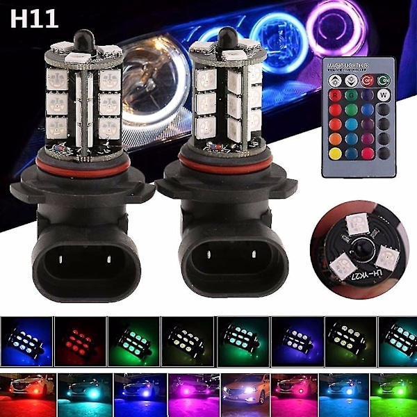 2 stk. 9006 H4 Hb4 H7 H8 H9 H11 Universal Auto Rgb Atmosfære Lampe 5050 Led Lys Med Fjernbetjening (FW) H7