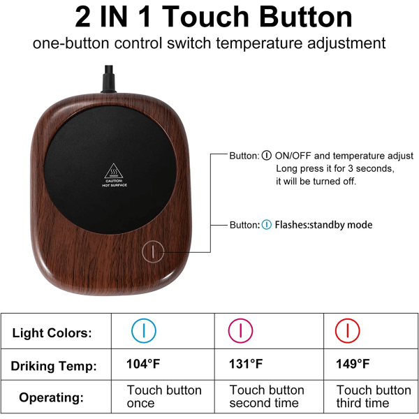 Koppvarmer for kaffe, kakao, te, melk, drikke, koppvarmer med 3 justerbare temperaturinnstillinger (opptil 149℉/65℃)