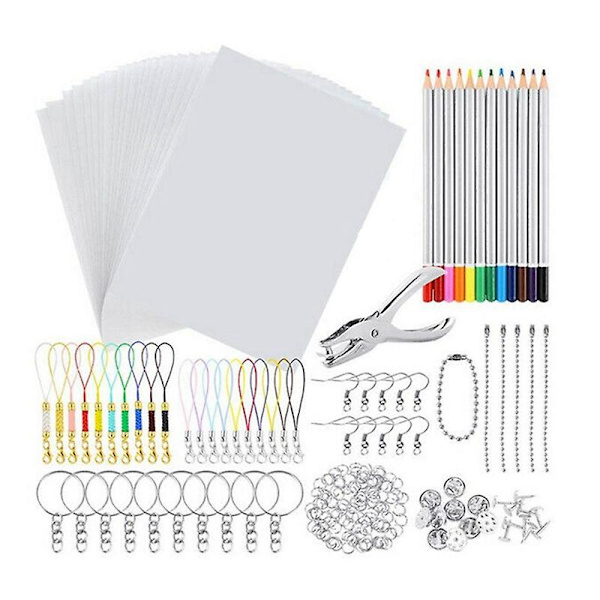 198 stk. Shrinky Art Paper Varme Krympe Ark Plast Kit Hulmaskine Nøgleringe Blyanter Diy Tegning