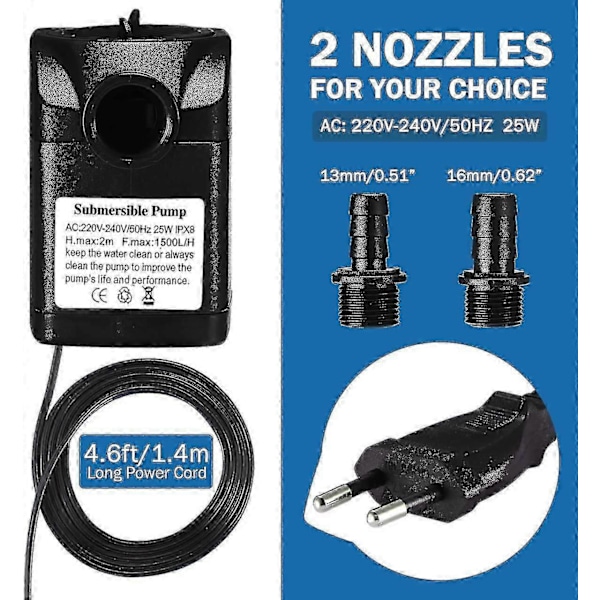 25w 1500l/h Dränkbar Vattenpump Med 1,5m Strömkabel Och 2 Munstycken [DB]