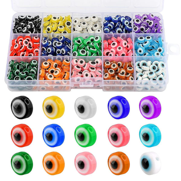 450 st Evil Eye-pärlor, Handgjorda Resin Pärlor, Charm för DIY Armband, Halsband, 15 Färger {Db} 10MM
