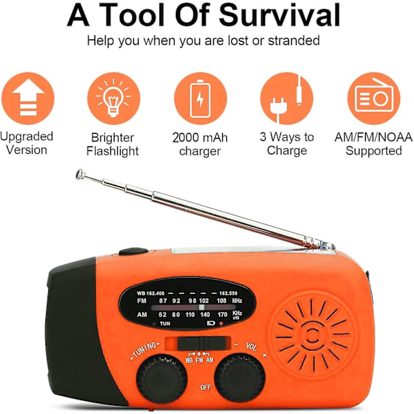 Veva Radio, Solenergi Nöd-FM AM NOAA Bärbar Radio med SOS-Alarm, LED-ficklampa, 2000mAh Powerbank USB-C Mobiltelefonladdare db Orange