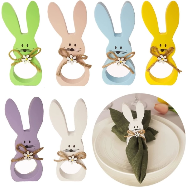 Påske serviettringer sett med 6, Wood Bunny serviettringer kanin serviettringholdere til påske, vårfest, spisebordpynt