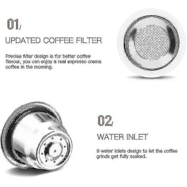 Gjenbrukbare kapsler, rustfritt stål, 3 stk. Påfyllbare pads for Nespresso + 1 Tamper + 1 Skje + 1 [db]
