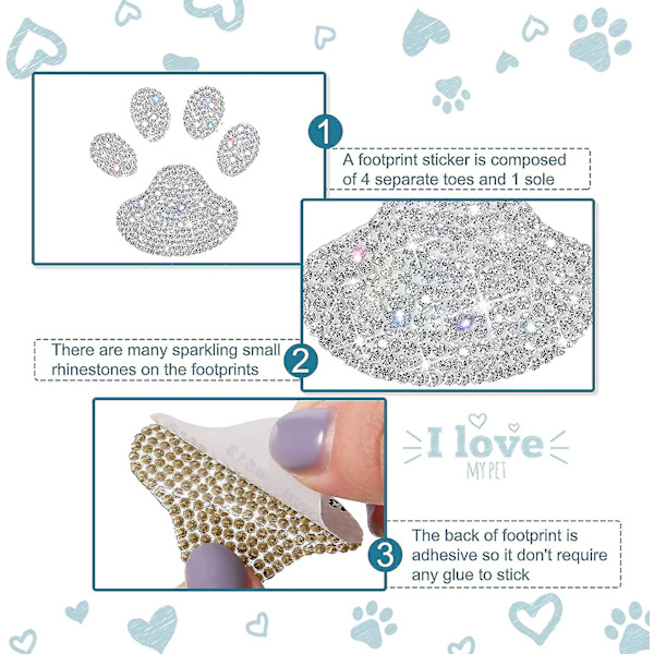 12 sett med bilkrystall pote klistremerker Rhinestone pote klistremer Bling hundepotespor bil [DB]