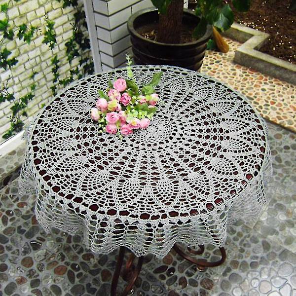 Rund Håndheklet Hult Bordduk Bryllup Spisebord Duk Deksel_h db 80cm White