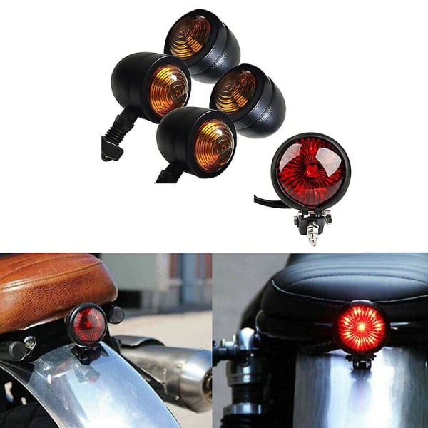 5 stk./sæt Motorcykel Blinklys Baglygter Brems Stop Lygte Til Cafe Bobber Chopper [DB] Black