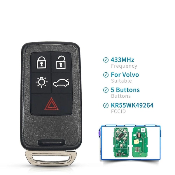 Kr55wk49264 Bil Smart Key 5 Knappar För V60 S60 S60l S80 Xc60 Xc70 V40 2007-2016 Id46 Pcf7953 Chip db Black